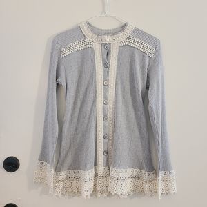 Johnny Was Gray Button Down Cottagecore Cardigan Sweater with Lace Trim